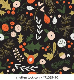 Seamless christmas background  with cute flowers,  branches of fir and pine spruce, laurels and winter berries in cartoon style