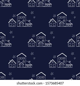Seamless Christmas background with cute houses on blue background. Hand-drawn. Elegant pattern. Vector graphics.