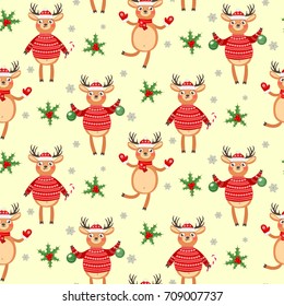 Seamless christmas background with cute reindeer. Pattern.