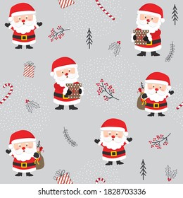 Seamless Christmas background with cute Santa and Christmas ornament with red and silver colored, vector illustration