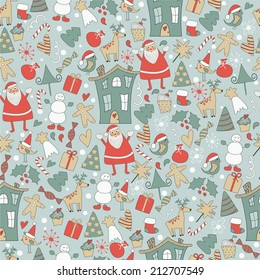 Seamless christmas background cute santa claus, deer, snowman, red holy berry, trees, snowballs, snowflakes, gift boxes, christmas sock and other christmas attributes