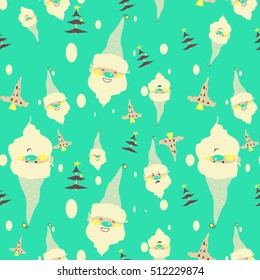 Seamless christmas background with cute Santa Claus emotion face, trees, falling snowflakes in cartoon style pattern for wallpapers, pattern fills, web page background. vector illustration.