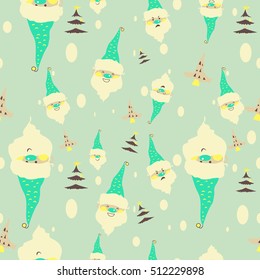 Seamless christmas background with cute Santa Claus emotion face cartoon,  trees, falling snowflakes in cartoon style pattern for wallpapers, pattern fills, web page background.vector illustration.
