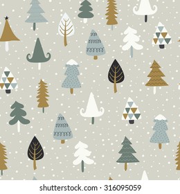 Seamless christmas background with cute christmas trees and falling snow