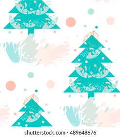 Seamless christmas background with cute christmas trees and falling snow in pastel colors isolated on white background.Abstract textured xmas holiday illustration.