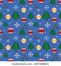 Seamless Christmas background with decorated Christmas trees, glowing string lights, and falling snowflakes.