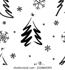 Seamless Christmas background with decorative Christmas trees and snowflakes, monochrome