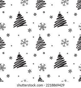 Seamless Christmas background with decorative Christmas trees and snowflakes, monochrome