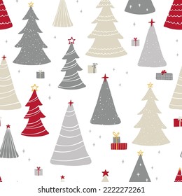 Fondo navideño sin inconvenientes con árboles y decoración decorativos navideños, estupendos para textiles, pancartas, papel pintado, envoltura - diseño vectorial