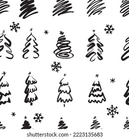 Seamless Christmas background with decorative Christmas trees and snowflakes, monochrome