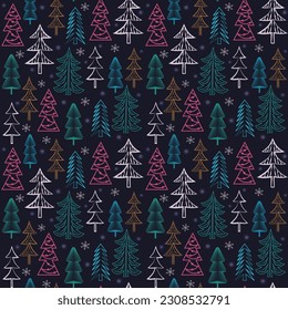 Seamless Christmas background with decorative Christmas trees, flat vector pattern, wallpaper, wrapping paper.