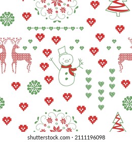 Seamless christmas background with deer, bullfinches and hearts for winter and christmas theme. Vector illustration.
