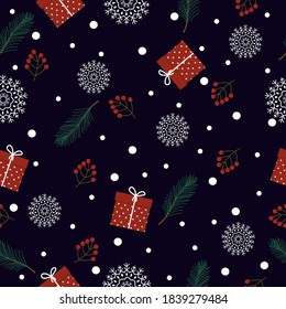 Diseño de fondo de navidad sin inconvenientes. Textura de símbolos de la temporada de invierno. Atributos navideños tradicionales fondo decorativo. Ilustración vectorial, estilo plano