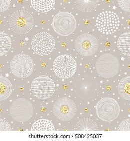 Seamless Christmas background with doodle circles, golden foil circles, stars and snow. Vector holiday illustration.