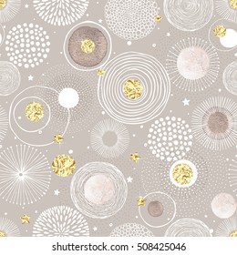 Seamless Christmas background with doodle circles randomly distributed, golden foil circles, watercolor texture, stars and snow. Vector holiday illustration.