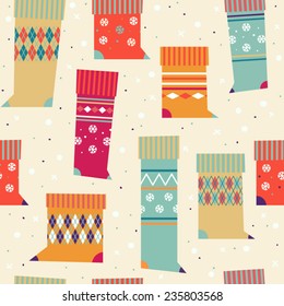 Seamless Christmas background with doodle socks, dots and snowflakes. Christmas vintage pattern. Elements for scrap-booking. Childish background. Hand drawn vector illustration.