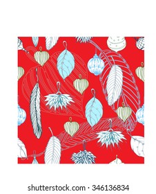 Seamless Christmas  background with feathers, decorative balls and branches. Vector seamless pattern for wrapping paper design.