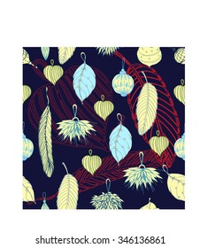 Seamless Christmas  background with feathers, decorative balls and branches. Vector seamless pattern for wrapping paper design.