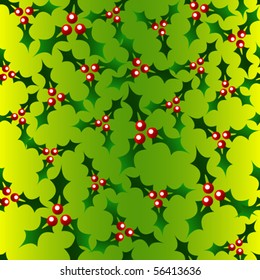 A seamless christmas background featuring holly on a green and yellow gradient. Vector.