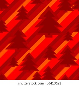 A seamless christmas background featuring red pine trees on a red striped background. Vector.