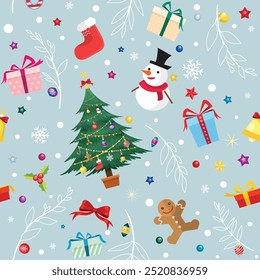 Seamless Christmas background featuring Christmas trees, snowmen, and festive ornaments in vibrant colors. Perfect for gift wrap designs, fabric prints. Vector texture