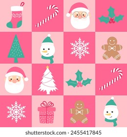 Seamless Christmas background with festive pattern. Geometric christmas elements repeated check pattern background. Vector illustration for print.