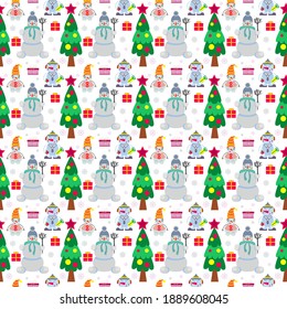 Seamless Christmas background with funny snowmen. Vector illustration on white isolated background.