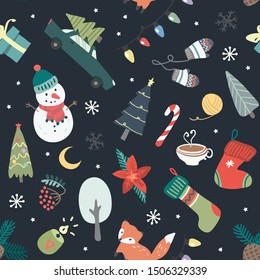 Seamless christmas background hand drawn style with snowman, snowflake, moon, christmas tree, candy, tea cup, cute animal, gift box, christmas lights. Winter kids pattern. Vector illustration.