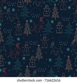 Seamless Christmas background. Hand drawn pattern with deers, fir trees, snowman, snowflake, sledge.