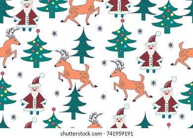 Seamless Christmas background. Hand drawn pattern with deers, fir trees, Santa Claus, snowflakes.