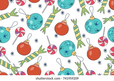 Seamless Christmas background. Hand drawn pattern with Christmas decorations, candies, lollipops, snowflakes.
