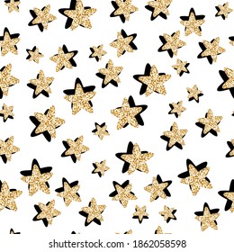 Seamless Christmas background, new year, gold stars pattern, on a black background. Holiday illustration. For the design of cards, invitations. Background graphics.