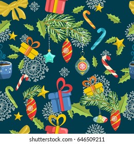 Seamless Christmas background, Christmas and New Year decorative elements, holiday pattern will be good for design of  wrapping paper, wallpaper, textile, fabric, etc., Vector