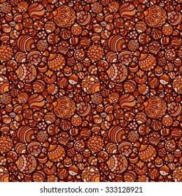 Seamless Christmas background with orange christmas balls. Vintage christmas seamless pattern. Doodle Hand Drawn Style