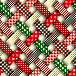 Seamless Christmas Background In Patchwork Style. Interweaving Ribbons With Christmas Patterns On Red Background.