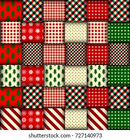 Seamless Christmas background in patchwork style. Interweaving ribbons with Christmas patterns on red background.