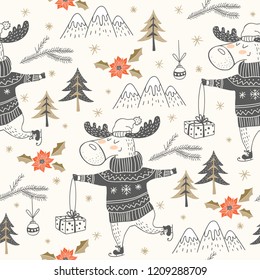 Seamless Christmas seamless background pattern. Cute winter forest animal character illustration. Hand drawn cartoon moose design vector illustration.