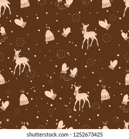 Seamless Christmas background. Pattern with deer, mittens, hat and snowflakes. Vector illustration. Chocolate colored background.