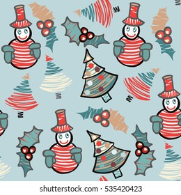 Seamless Christmas background. Pattern with Christmas trees, snowmen