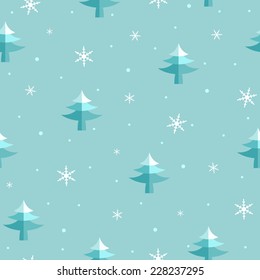 Seamless Christmas background with pine trees and snowflakes