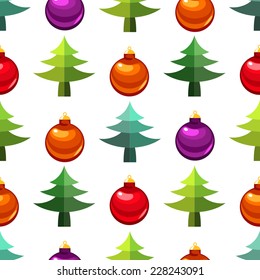Seamless Christmas background with pine trees and colorful bauble