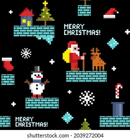 Seamless Christmas Background With Pixel Santa Claus, Deer And Snow Man In Video Game. Vector Endless Pattern.
