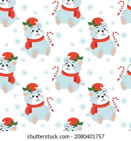 Seamless Christmas background with a polar bear in a red hat and a candy cane in its paw.