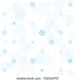 Seamless Christmas background with random scatter falling turquoise snowflakes and blue polka dots isolated on white.