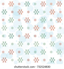 Seamless Christmas background with random scatter falling colorful snowflakes and blue polka dots isolated on white.