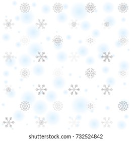 Seamless Christmas background with random scatter falling silver snowflakes and blue blurred dots isolated on white.