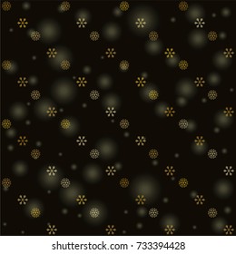 Seamless Christmas background with random scatter falling gold snowflakes and yellow blurred lights isolated on black.