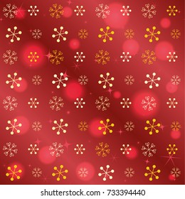Seamless Christmas background with random scatter falling golden snowflakes, red blurred lights and sparkles on a red gradient background
