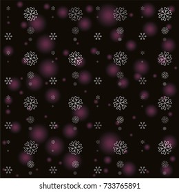 Seamless Christmas background with random scatter falling silver snowflakes and pink blurred lights isolated on black
