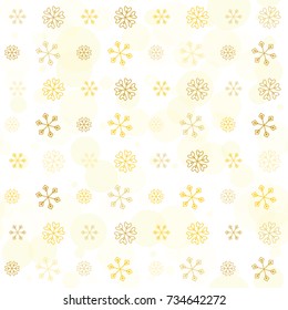 Seamless Christmas background with random scatter falling golden snowflakes and yellow polka dots isolated on white.